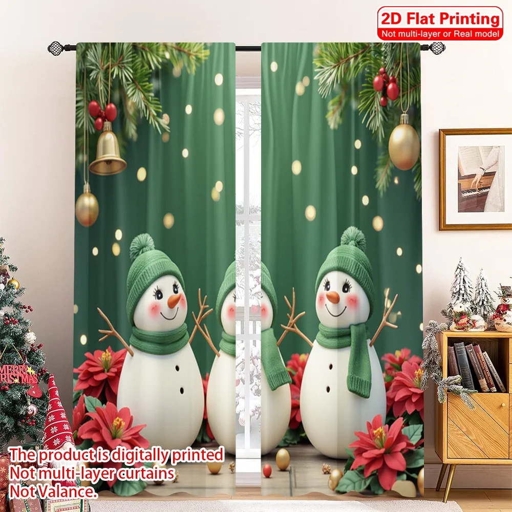 2pcs 2D flat printing Merry Christmas Curtain Cute Snowmen Christmas Poinsettia Festive Polyester Without Electricity 0 for