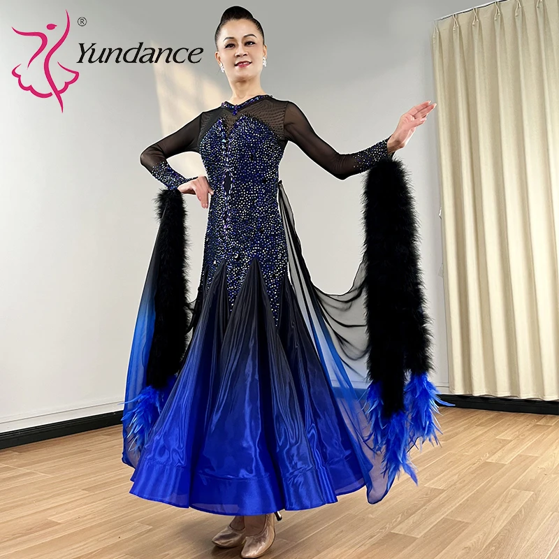 B-23057-3 Custom International Standard Ballroom Dance Competition Dress for Women Adult Black Blue Satin Chiffon Stage Wear