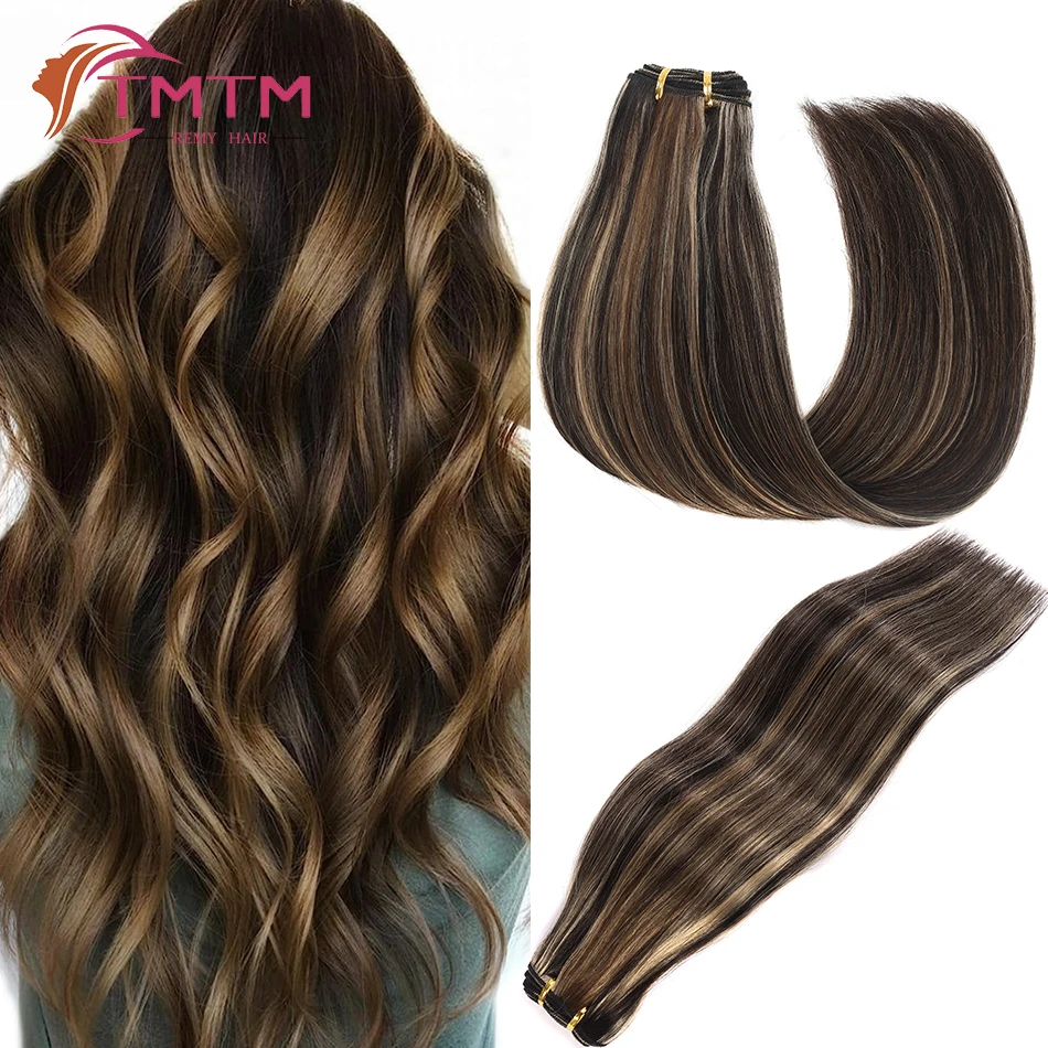 Extensões reais do cabelo humano, Máquina dobro feita, Trama costurar em pacotes naturais do cabelo humano, extremidade grossa, Balayage de chocolate, marrom caramelo