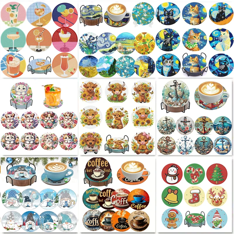 8 Pieces of Diamond Art Painting Coasters with Brackets, DIY Summer Beverage Pattern Series Diamond Art Coasters, Suitable for a
