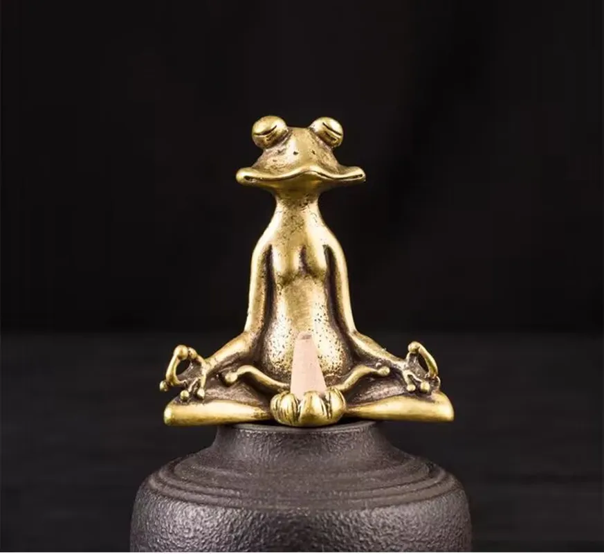 Meditation Zen Frog Figurine Lotus Incense Burner Frog Incense Insert Yoga Home Decor Accessories Brass Art Sculpture Crafts