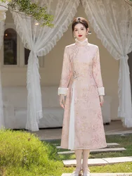Yue Tang Pink Lady Fan Mao Collar Aude Cheongsam Non Split Winter New Style With Velvet Warmth Chinese Printing Dress Retro Styl