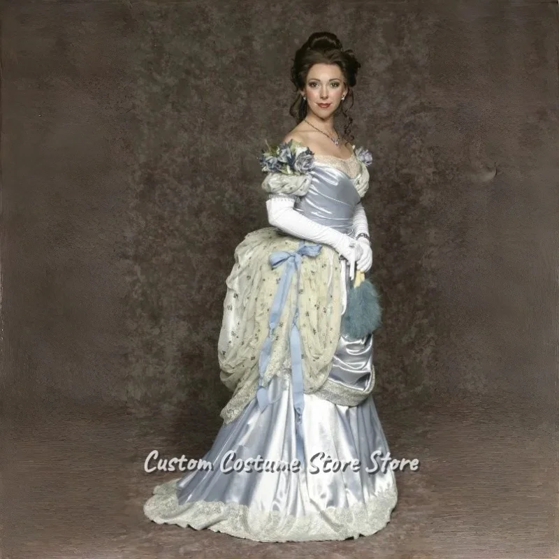 

Historic Victorian Prom Dresses Snap Shoulder Satin Blue Lace Trim Pleated Tulle Bow Trimmed Vintage Evening Dresses Customized