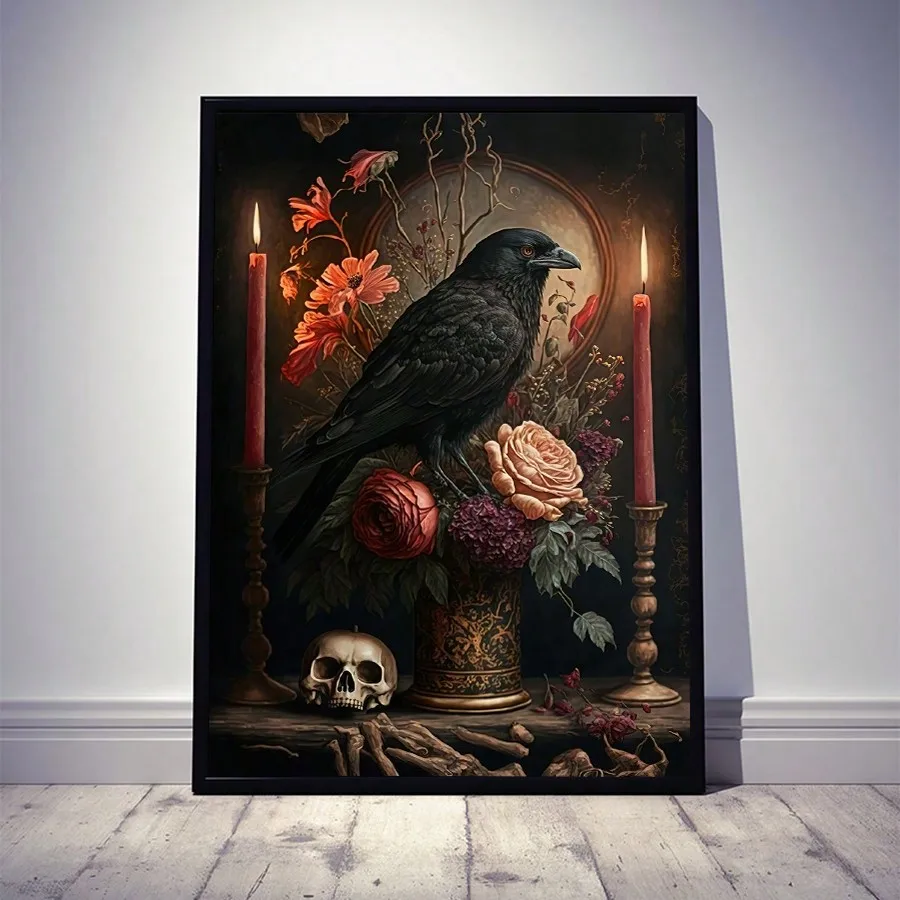1 قطعة مجردة القوطية قماش جدار الفن |   جمجمة الغراب، طباعة الأزهار والشمعة، بدون إطار |   ديكور مثالي للمنزل #3