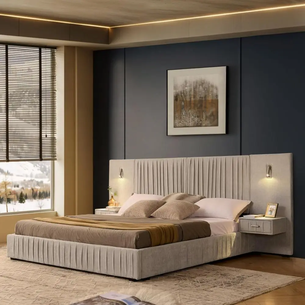 King Size Upholstered Platorm Bed with Pleated Design board, Chenille abric Platorm Bed e with Bede Table and Lamp, Kids Adults,