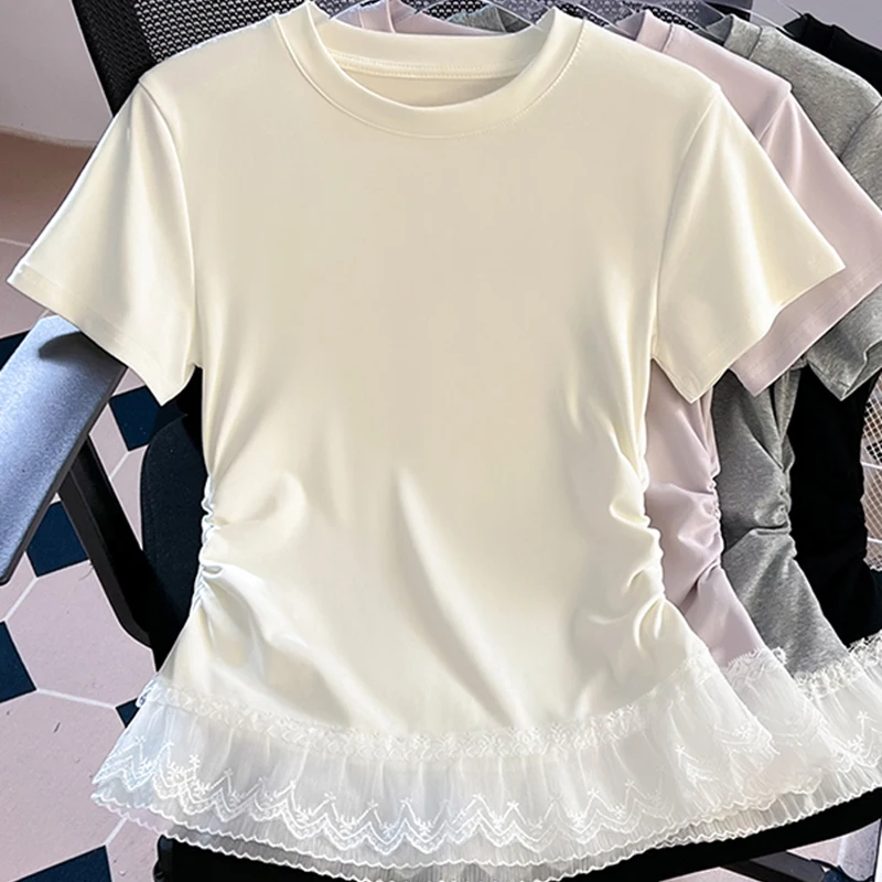 

Новая женская футболка с круглым вырезом и короткими рукавами, летняя новая стильная облегающая футболка для похудения, кружевной лоскутный топ с круглым вырезом