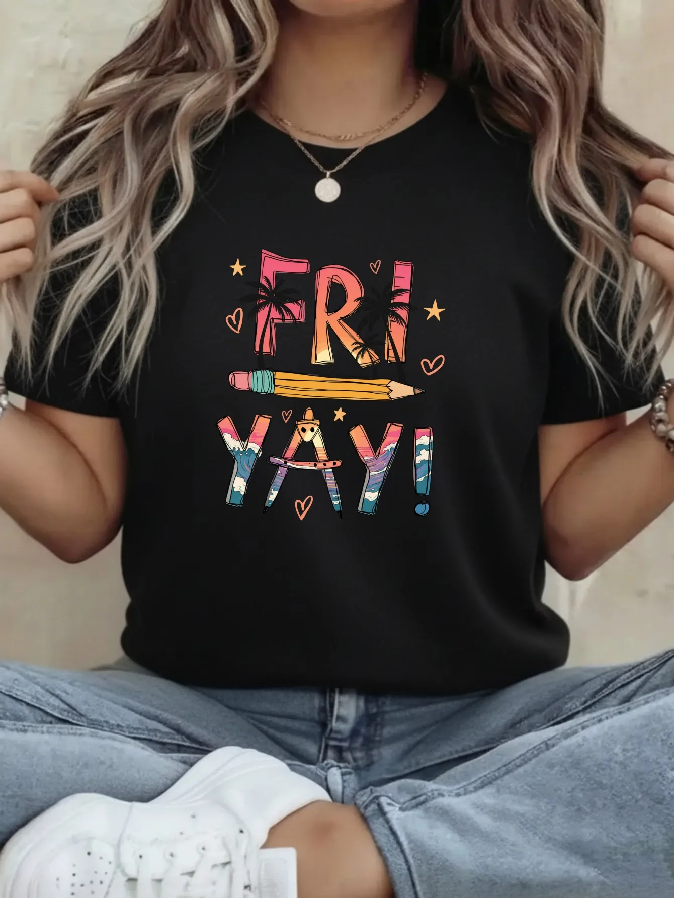 Women Fashion Tee Sports Fitness Leisure Travel Campus Life Letter FRI Palms 2000s Y2k Clothes Short Sleeve Casual Aesthetic Tee
