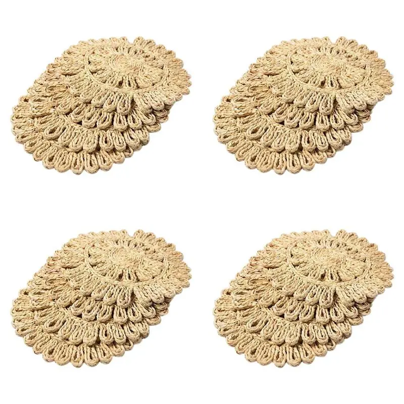 16X Round Woven Placemat For Dining Table,Natural Braided Rattan Tablemat Hollow Wicker Plates-AT36
