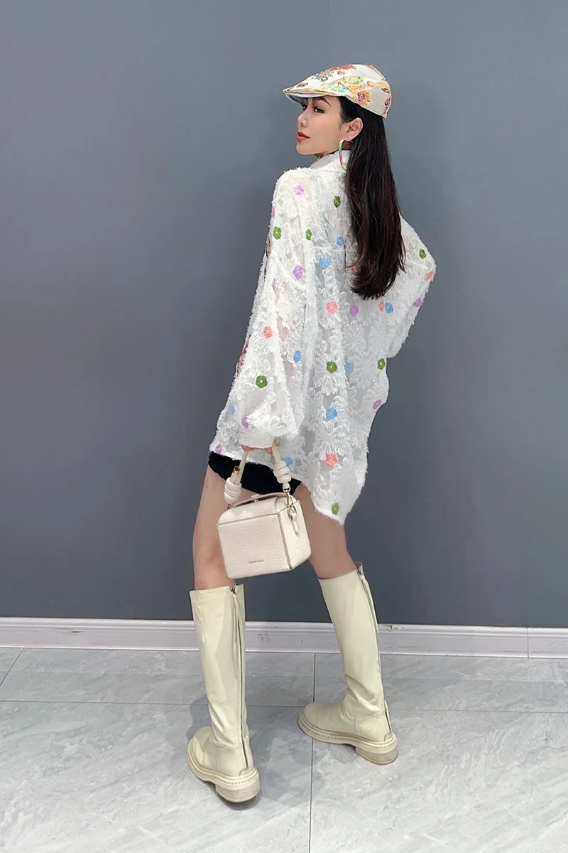Vefadisa 2024 Spring/Summer New White Women Shirt Flocking Printed Blouse Long Sleeved Turn-down Collar Women Clothing HLX176