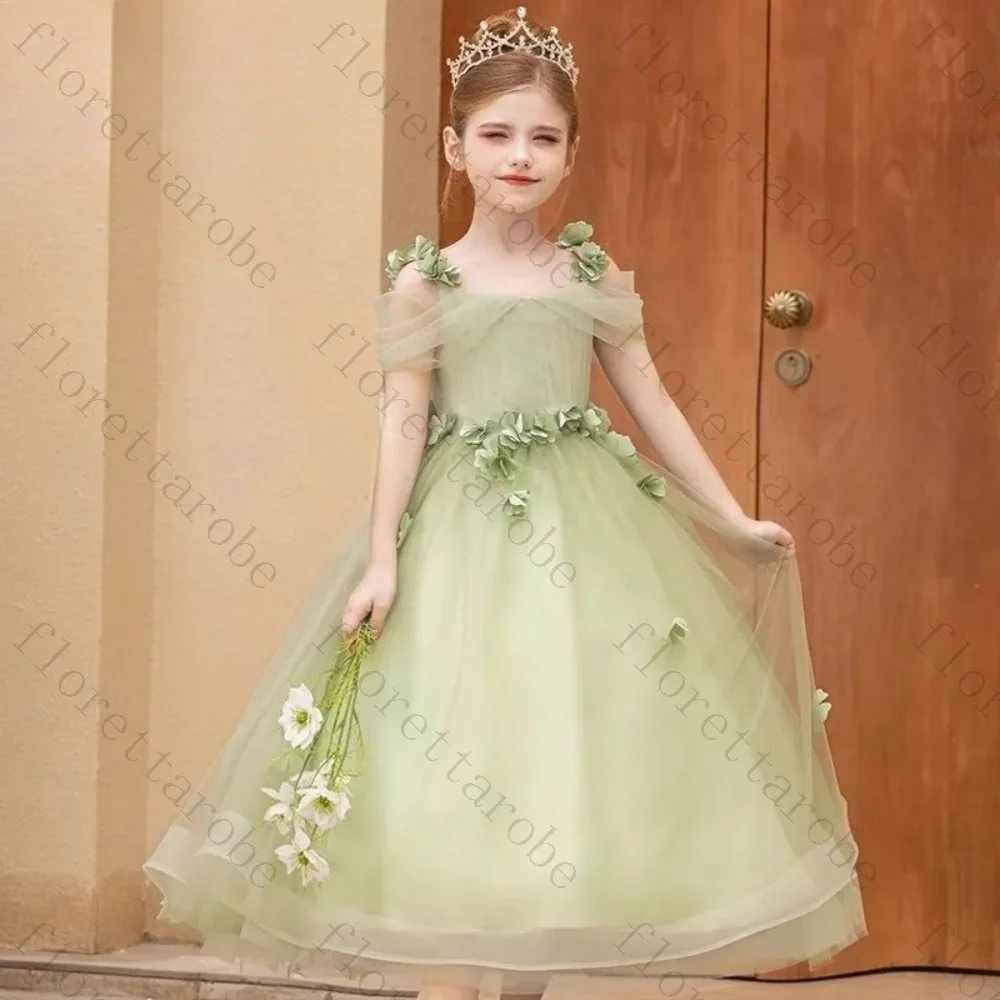 Customized Light Green Tulle Flower Girl Dress Square Neck A Line Princess Wedding Pageant Gown for Kids with 3D Floral Applique