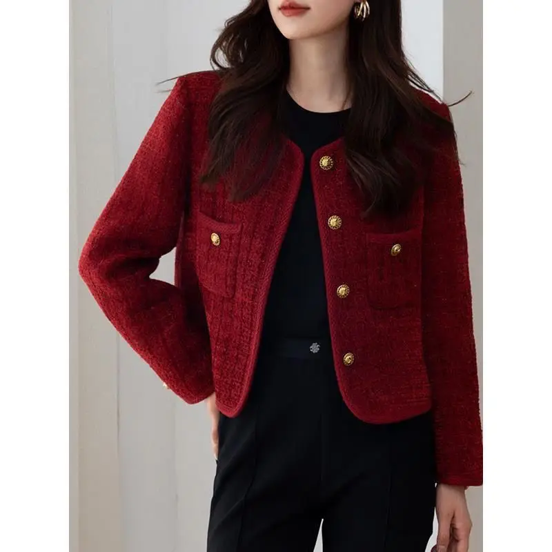 Luxury Cropped Tweed Jackets Women Single-breasted Blazer Chic Pockets Office Ladies Clothing High-end Spring Autumn Coat New