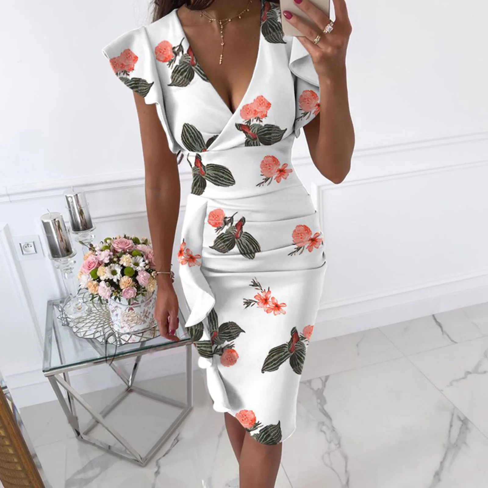 

2023 New Fashion Dress Women's Clothing V-Neck Elegant Slim Print Pleated Ruffles Dresses Office Lady Package Hip Female Dress