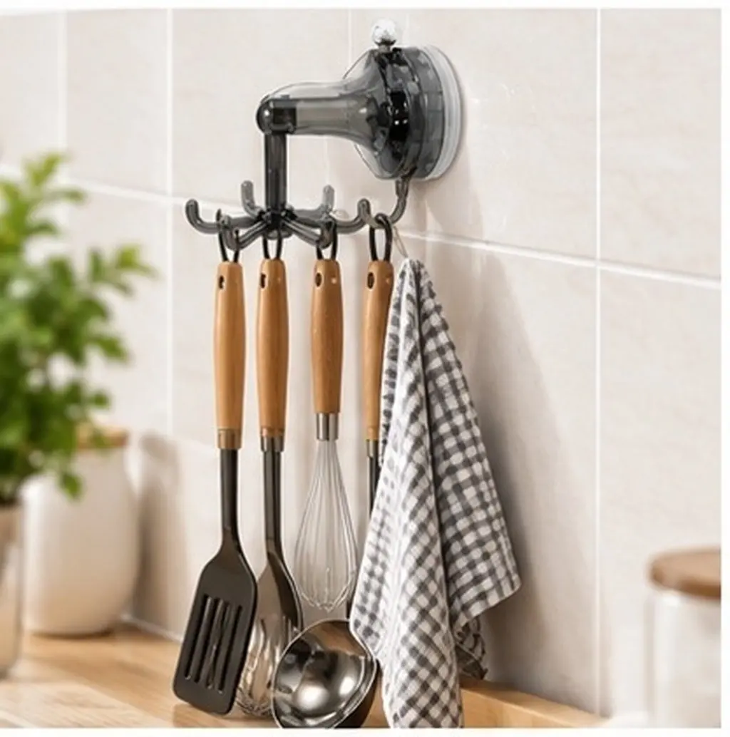 2Pcs Wall Mounted Suction Cup Hook Organizer For No Drill Wall Storage Organize Kitchen Rotating Six-claw Hooks
