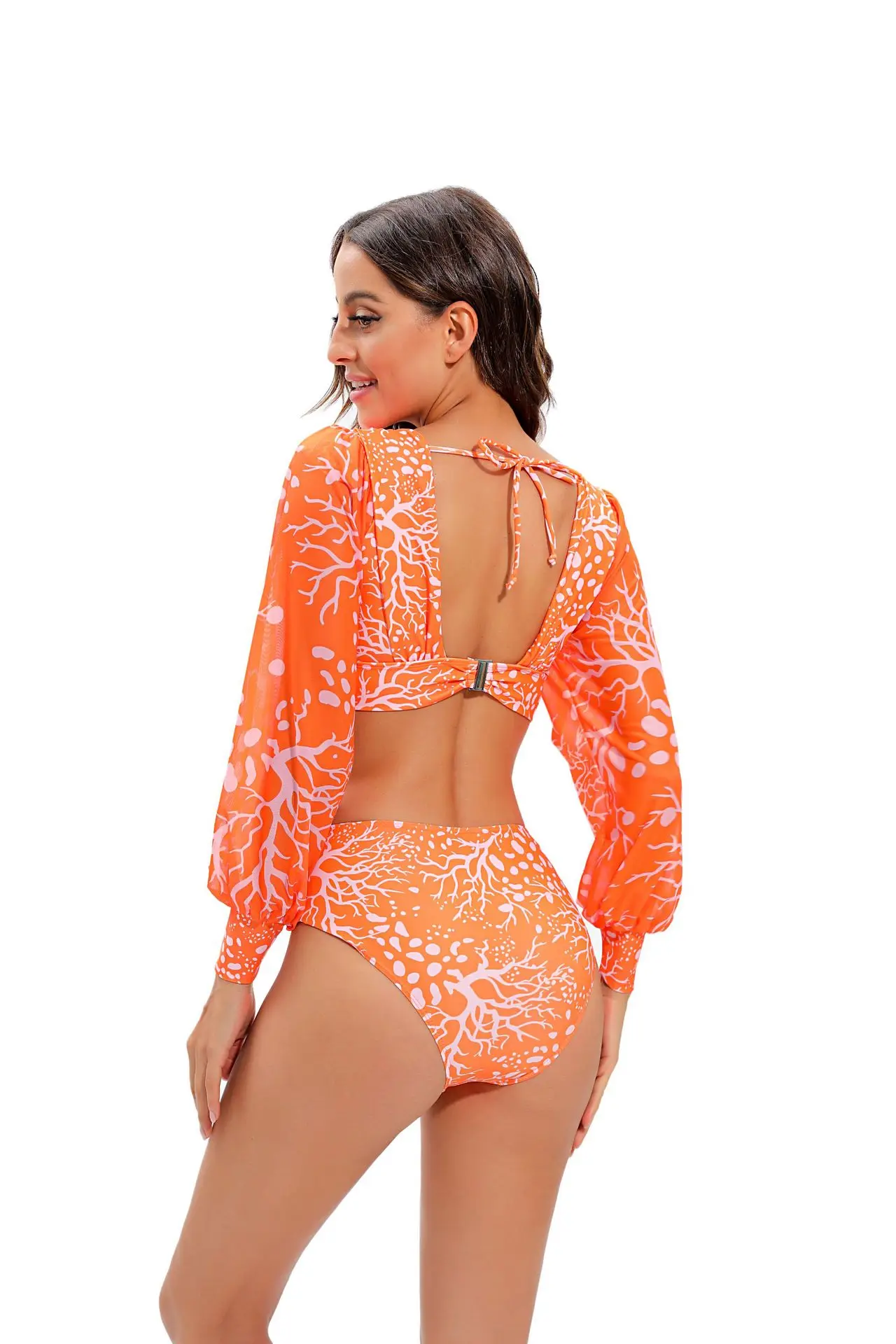 Biquíni sexy de manga comprida sem costas, peça única, cintura alta, renda, praia, piscina