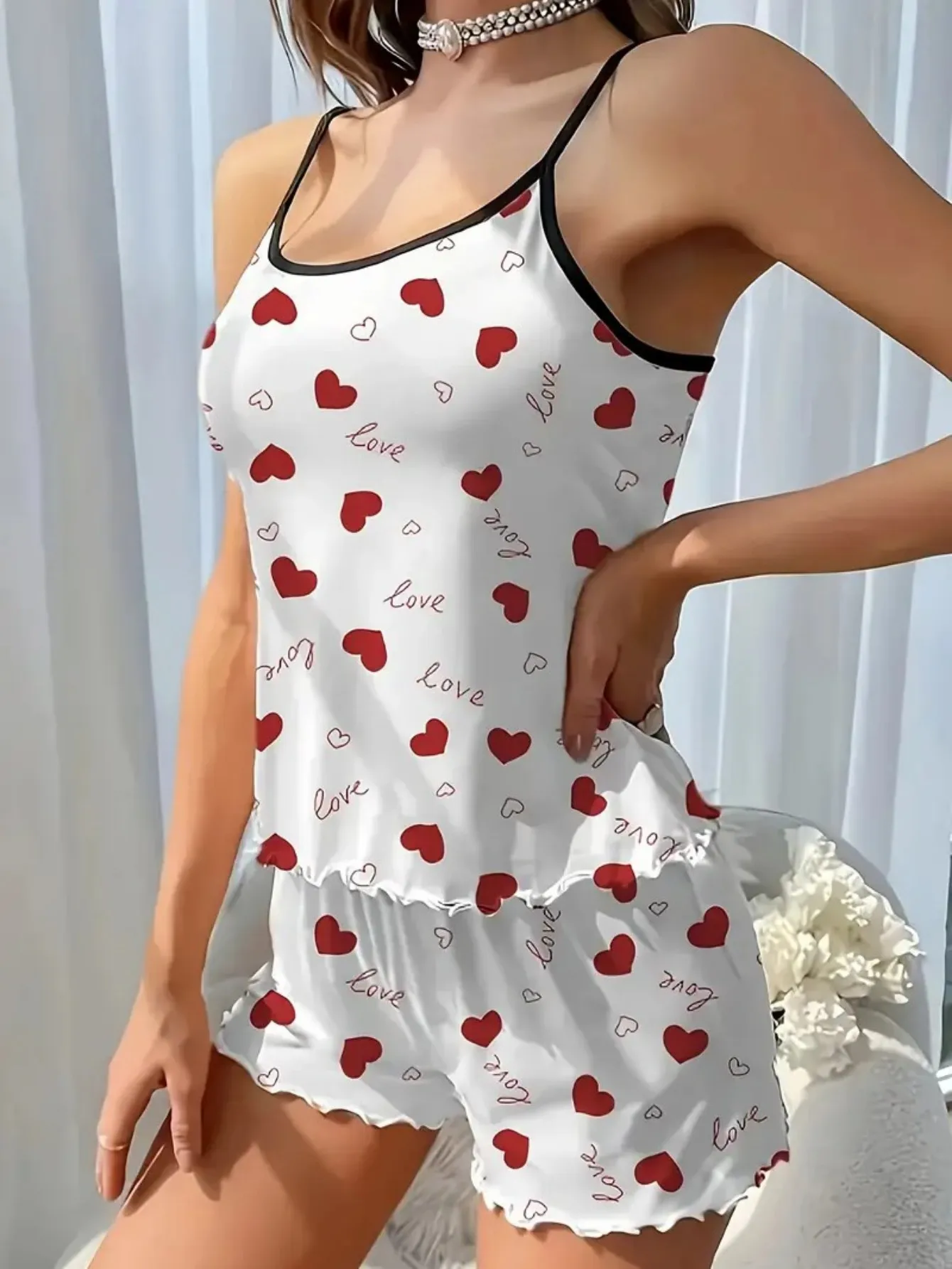 

Women's Heart-Shaped Letter Print Pajama Set, Valentine's Day, Cute, Sexy Round Neck Backless Casual Camisole Top, Elastic Shorts Sleepwear, Spring and Summer Pajama Loungewear Set 2-Piece Set