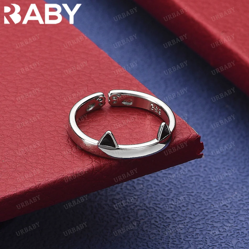 URBABY 925 Sterling Silver Pink&Black Kitten Ear Open Ring For Women Creativity Gifts Street All-match Party And Daily Wear