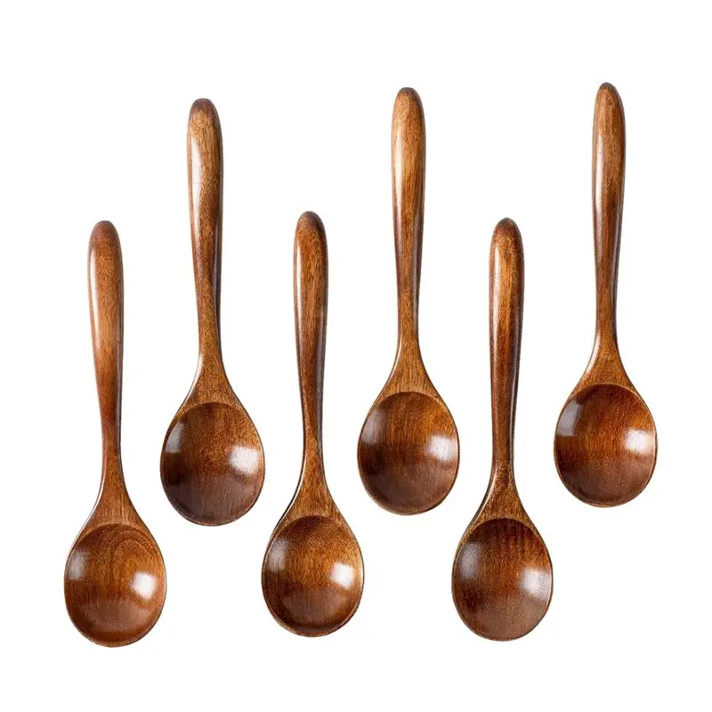AA73 Juego de 6 Cucharas de Madera Color Madera de 6.5 Pulgadas, Perfectas para Sopa, Comer, Servir de Frascos y Recipientes - Utensilios de Cocina