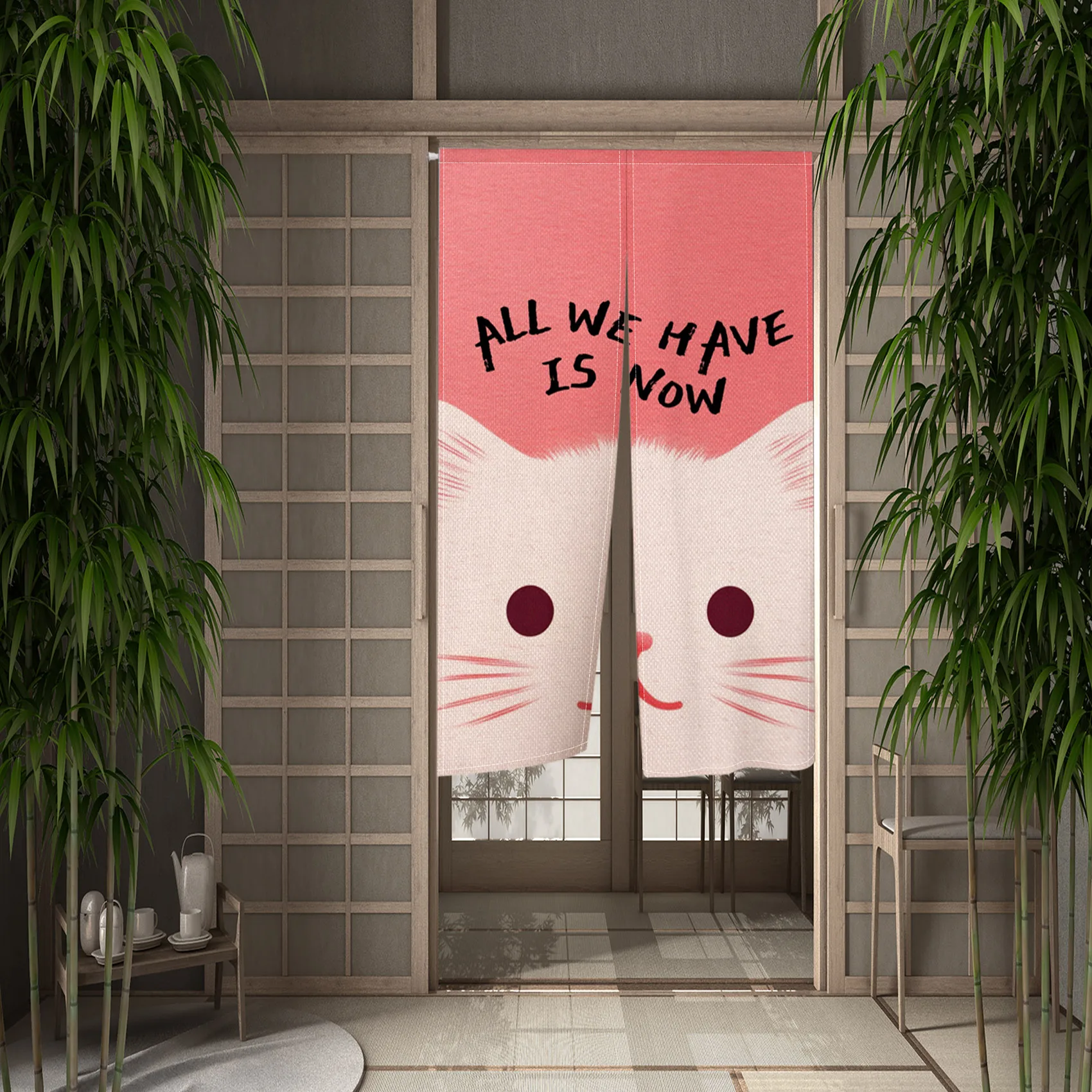 Pink Japanese Curtain Noren Wave Flower Pattern Sakura Cat Girls Room Doorway Partition Short Curtain Opaque Blackout Curtains