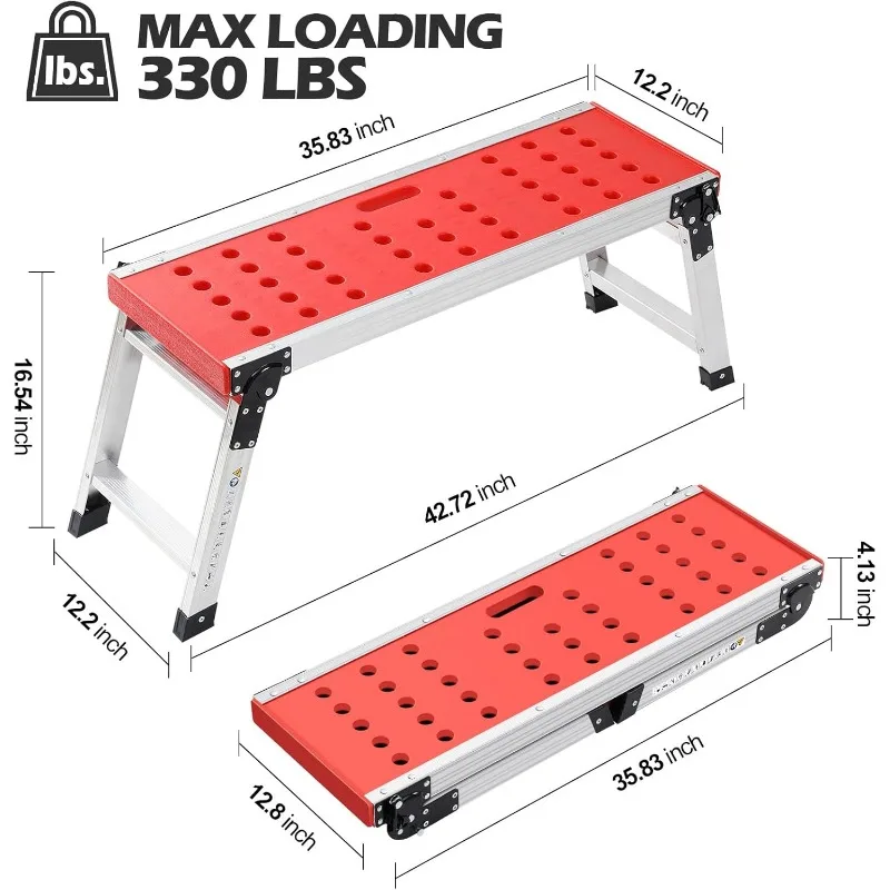 Folding Work Platform, Adjustable Step Ladder with Anti-Slip Feet Cover, Lightweight Stepladder with Safety Lock for Home