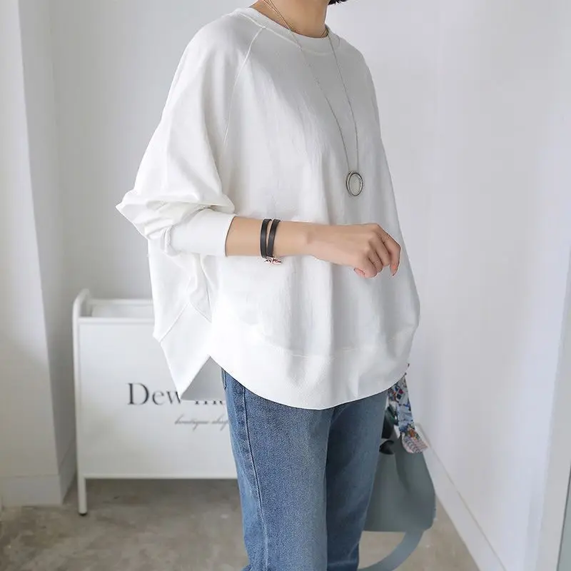 Korean style Lazy style Solid colour Women's Bat Sleeve Sweatshirt 2024 Autumn Split Hem Nine-minute sleeves Tops