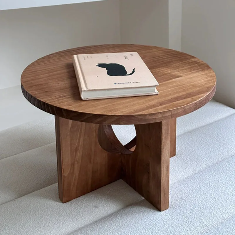 Mini Solid Wood Coffee Table, Retro-Style Small Round Table for Living Room & Window Sill