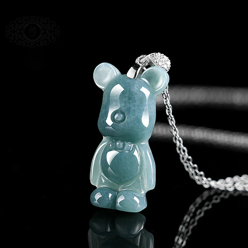 

Luxury Blue Water Jadeite Bear Pendant, Elegant Carved Charm，Elegant & Whimsical Jewelry