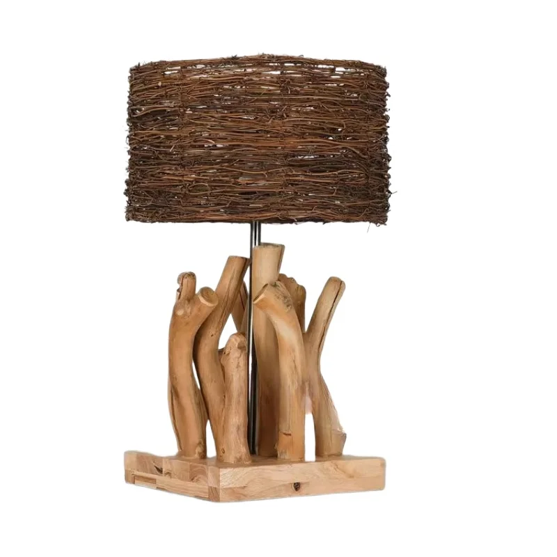

American quaint rattan solid wood lamp hotel bar table villa living room new Chinese log decorative table lamp