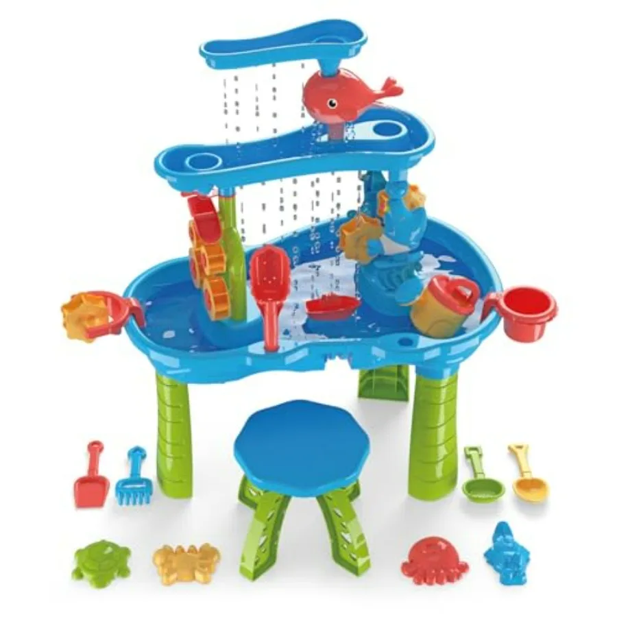 

3-Tier Sand Water Table with Chair, Rain Showers Play Table Toy for Sensory Exercise Friendship Building, Summer Beach sensory