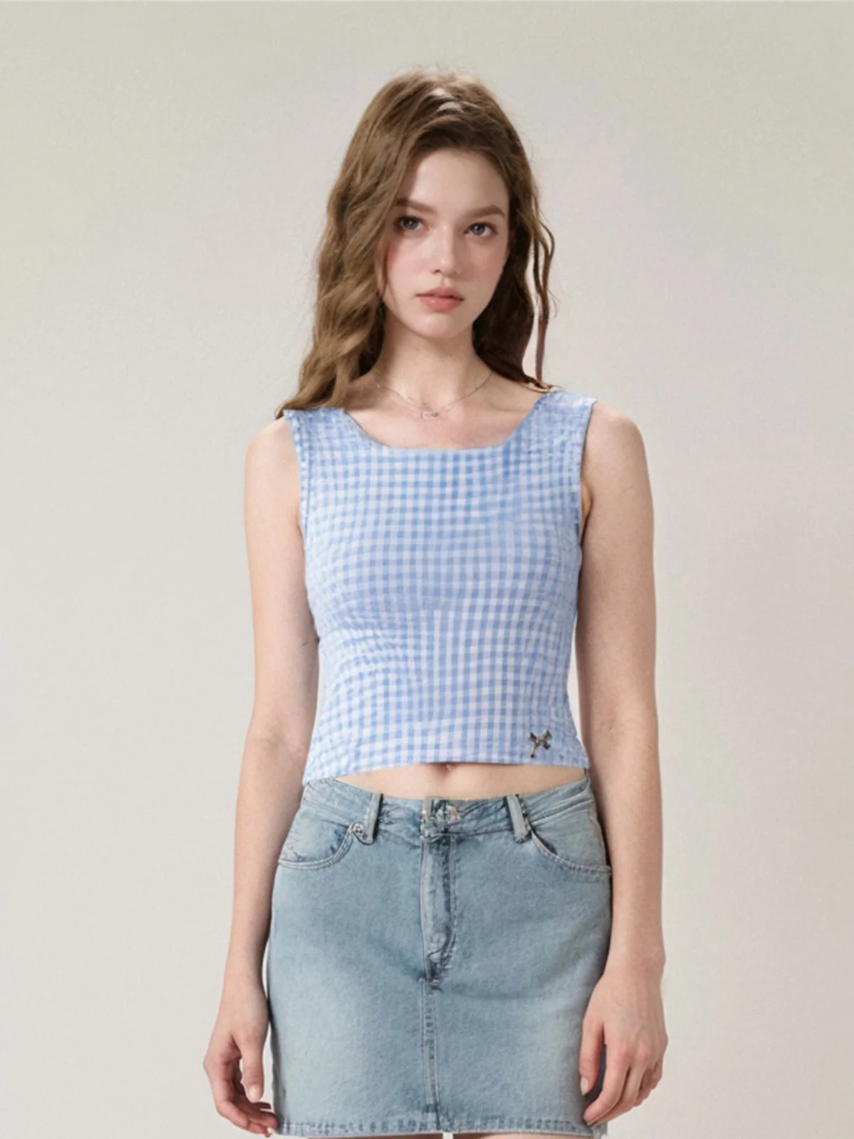 Chaleco Ajustado para Mujer, Cuello Redondo, Color Puro, Estilo a Cuadros, Ajustado a la Cintura, Nuevo Estilo Veraniego, Elegante para el Trabajo