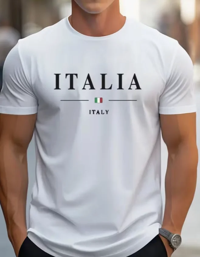 ITALIA Mens TShirt Comfortable Crew Neck Casual ShortSleeves Soft Top Tshirt Summer Spring Streetwear Fabric Trendy Letter Print
