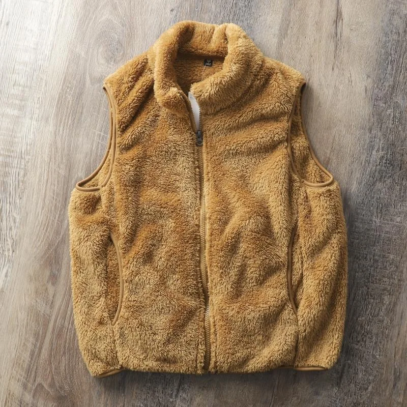 Pure Color Lamb Velvet Jacket Winter Japanese Style Simple Men's Stand Collar Shoulder Pad Warm Coral Velvet Open Cardigan Sl...