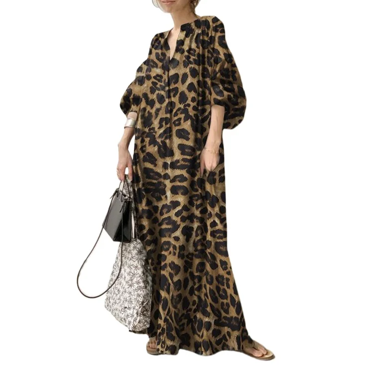 

2026 new temperament leopard print stand up collar bubble sleeves fashionable loose casual bohemian shirt dress