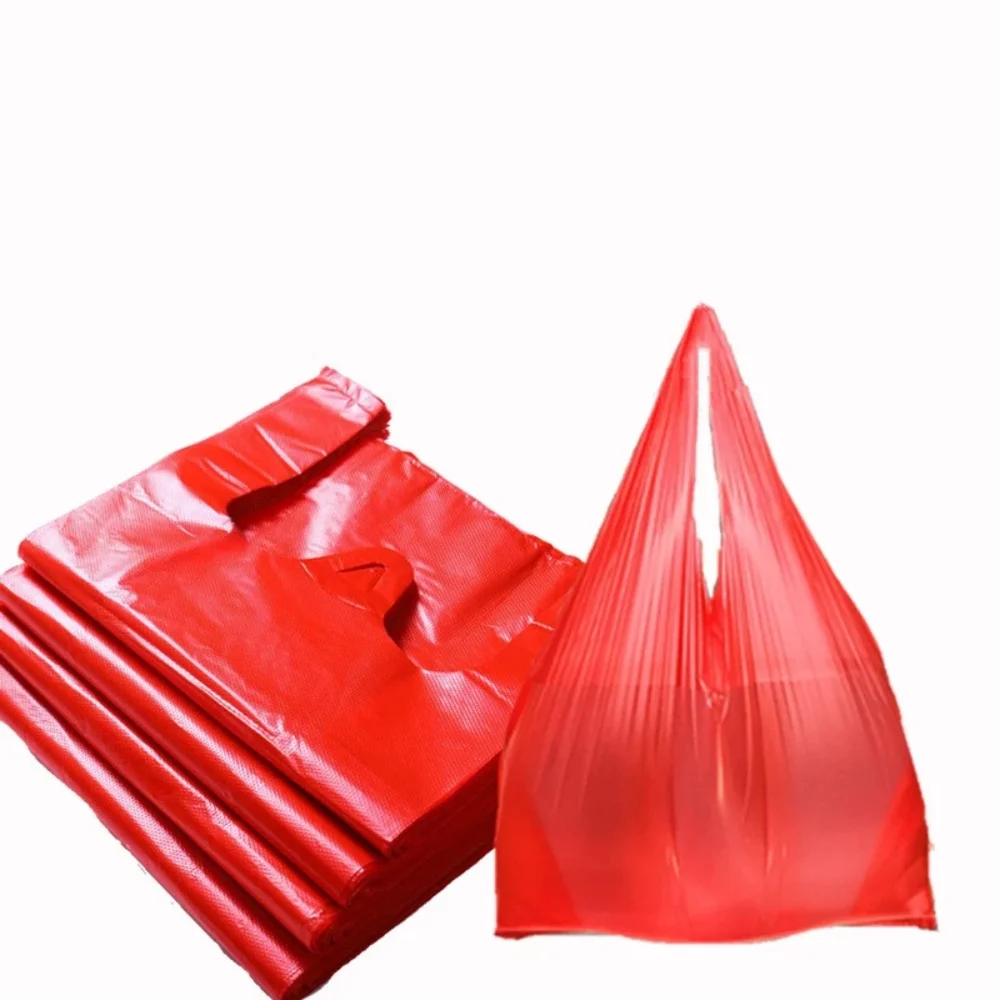 50pcs Red Plastic Bag Supermarket Grocery Gift Shopping Bag Thicken with Handle Vest Bag Kitchen Storage Clean Garbage Bag