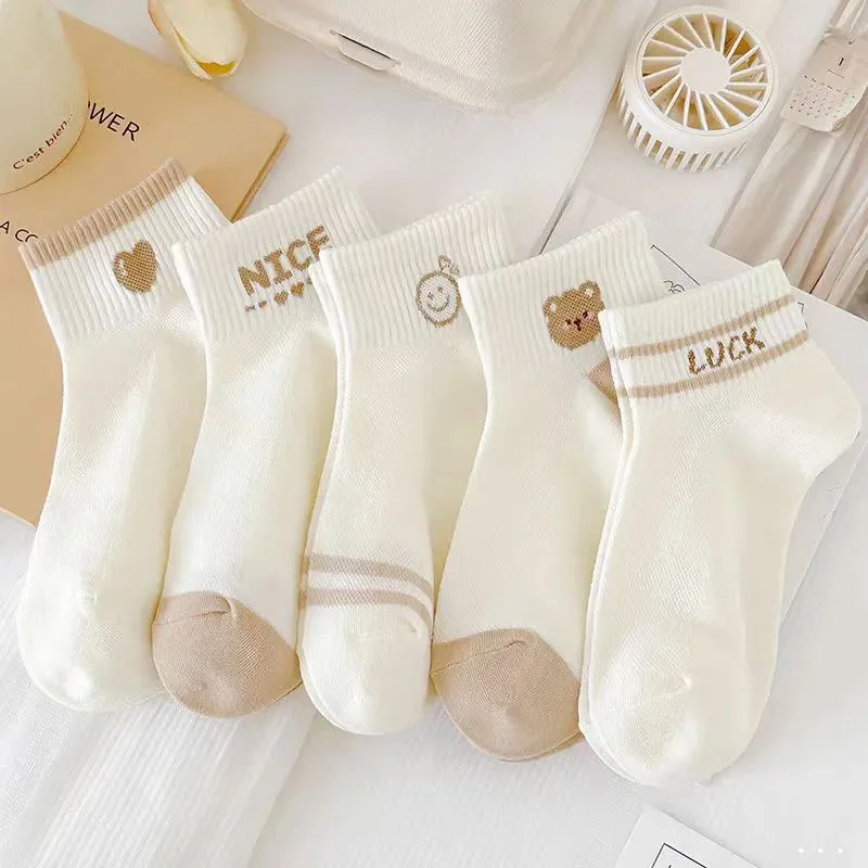 Dreamlikelin 5pairs/Pack Spring Summer Women's Socks Cute Short Socks Korean Style Bear Smile Face Letters Print Ankle Socks