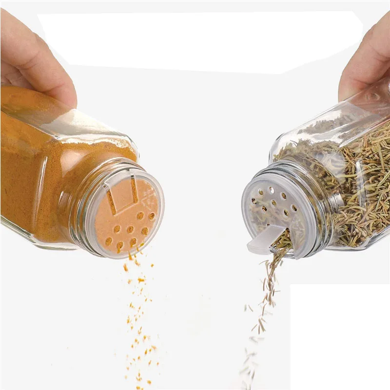 Square Seasoning Jar with Sticker, Glass Spice Storage Bottles, Barbecue Seasoning Container Box, 2PCs/Lot