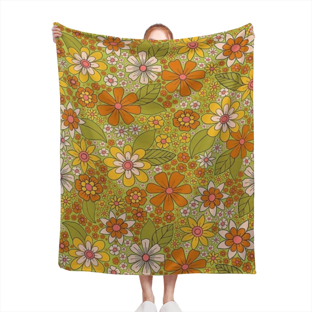 

1960s, 1970s Retro Floral in Green, Pink & Orange Decor Portable Super Soft Throw Blankets for Home Office Plush Thin Quilt