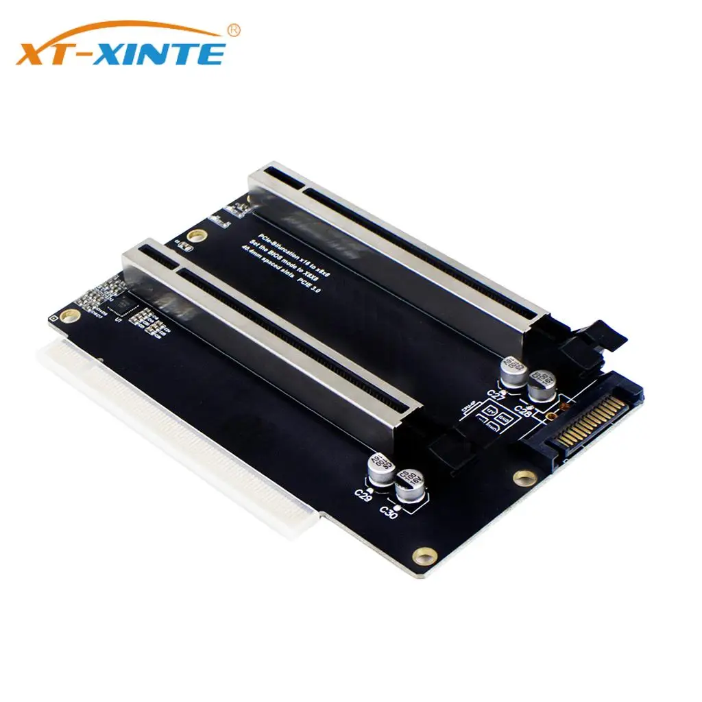 XT-XINTE PCIe 3.0 x16 1 to 2 Expansion Card Split Card PCIe-Bifurcation x16 to x8x8 40.4mm Spaced Slots SATA Powered PCIE Gen3