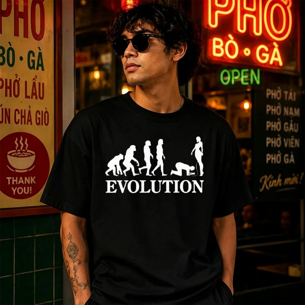 Funny Human Evolution Silhouette Slogan Printed Cotton Tshirt Unisex Black Loose Fit Meme Streetwear Hip Hop Casual Daily Tees