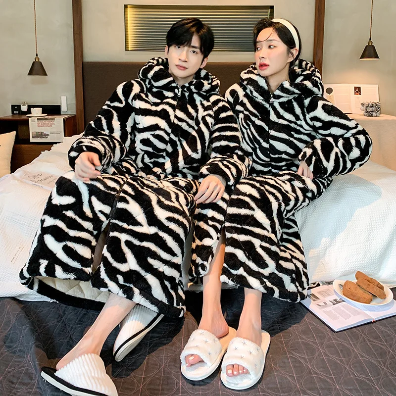 Winter Warm Kimono Bathrobes Gown Zebra Stripes Couple Robes Three-Layer Lengthened Nightgown Coral Fleece Hooded Household Wear