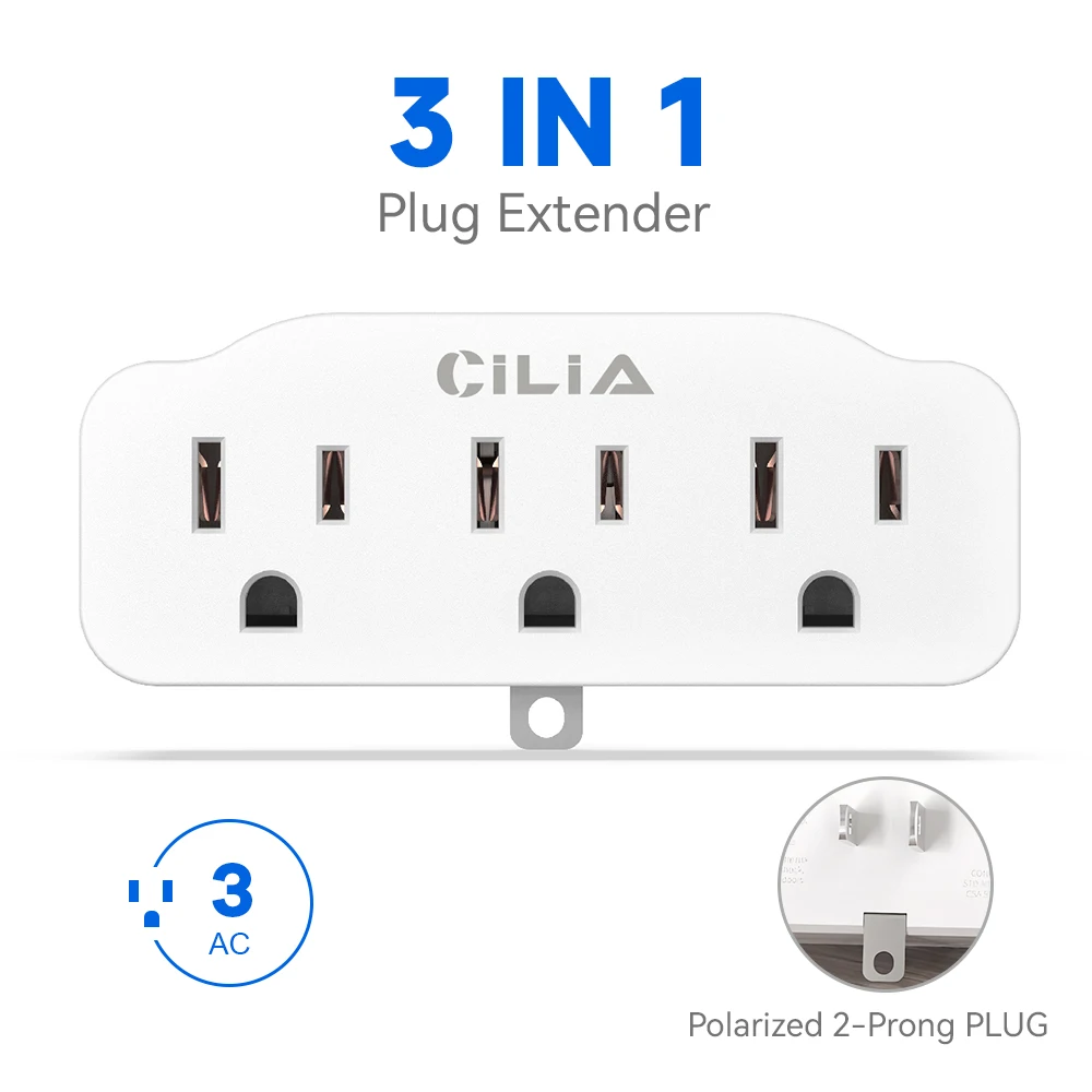 Cilia 3 us Plug in 1 Outlet Extender,Power Strip，Wall multi Splitter Socket ,white /Black compact for home,kitchen office