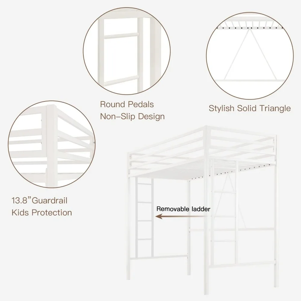 Twin Size Loft Bed, Multifunctional Metal Twin Bed with Safety Guard & Removable Ladder, Space-Saving Bed Frame for Bedroom Beds