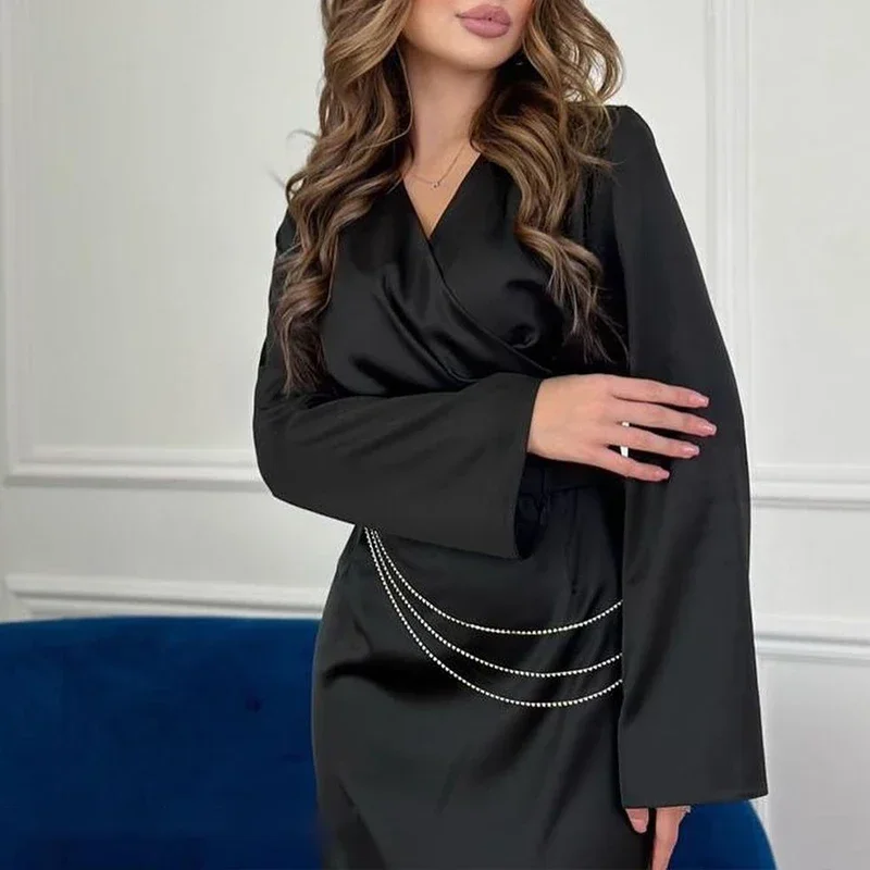 Elegant Women High Waist Chains Design Satin Party Dresses 2024 Spring Long Sleeve V-neck Long Dress Enening Dresses Robe Femme