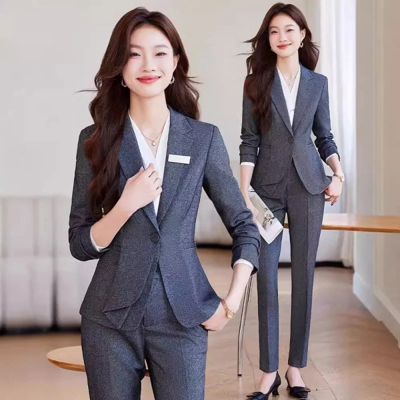 Gray Suit Women's Business Wear Jewelry Shop Front Desk Customer Service Reception Work Clothes Formal Wear Elegant Business Sui