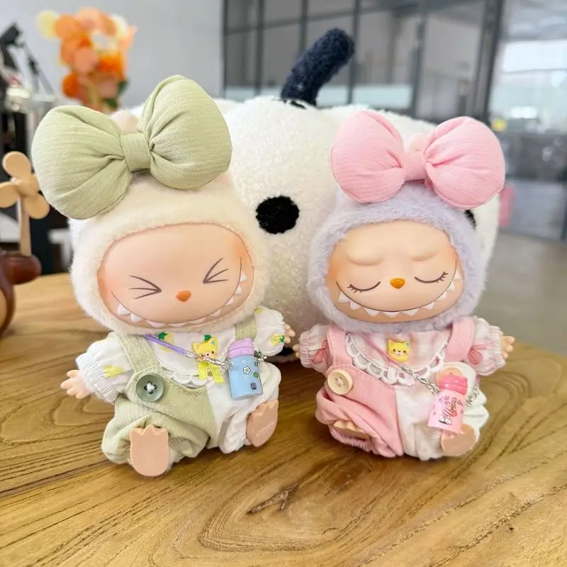 Adequado para labubu primeira segunda geração pano rosa e branco alças de gatinho roupas de bonecas arco bandana acessórios de bonecas