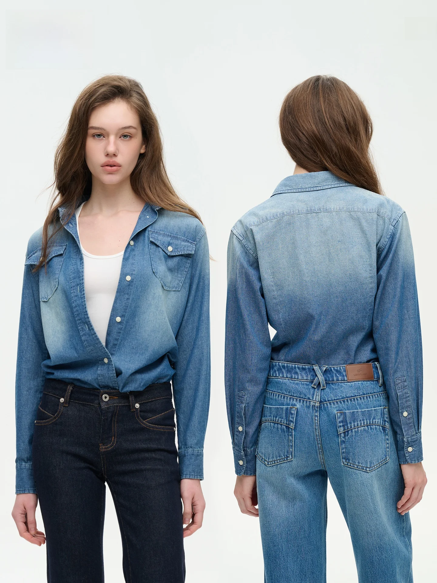 

Женская джинсовая рубашка оверсайз из чистого хлопка LeiYu Labs, в стиле ретро, с длинным рукавом, дышащая, повседневная, на пуговицах, цветная