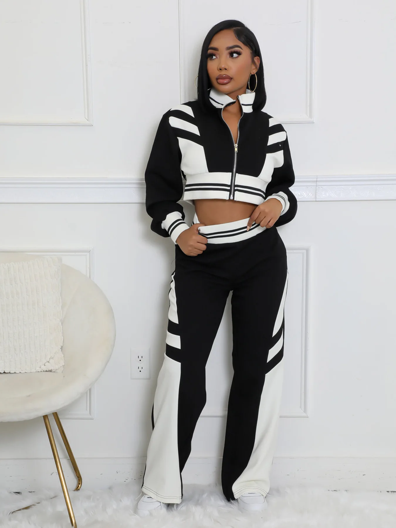 Chic Women 2 Piece Matching Set Long Sleeve Zipper Contrast Color Outfits Autumn Winter Fashion Streetwear Two Piece Pants Set