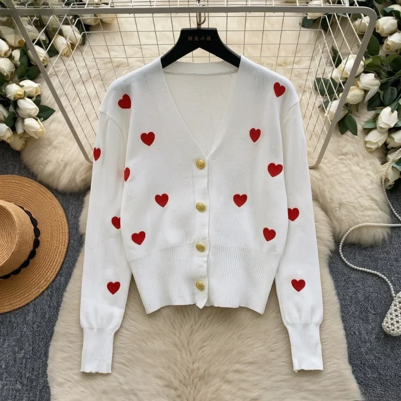 Womens V-Neck Heart Motif Knit Cardigan Long Sleeve Elastic Knit Sweater Button Down Crop Outerwear For Spring Autumn Daily Wear