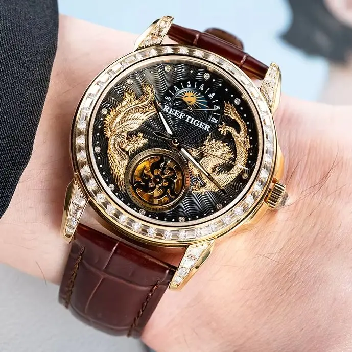 Reef Tiger Men Automatic Watch Fashion Mechanical Wristwatch Luminous Sapphire Mirror Waterproof 24 Hours Dragon Phoenix Dial