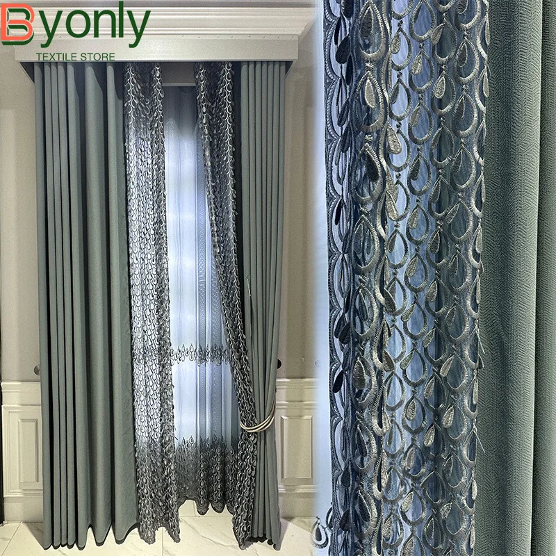 

Customized Feather Embroidered Window Screen Thickened Dark Blue Mosaic Chenille Curtains for Living Room Bedroom French Window