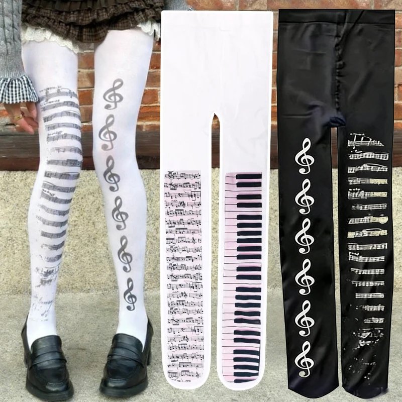 

Y2K Fashion Music Note Print Pantyhose Tights Subculture Women Sexy Stockings Thigh High Stocking Ultra Thin Black White Legging